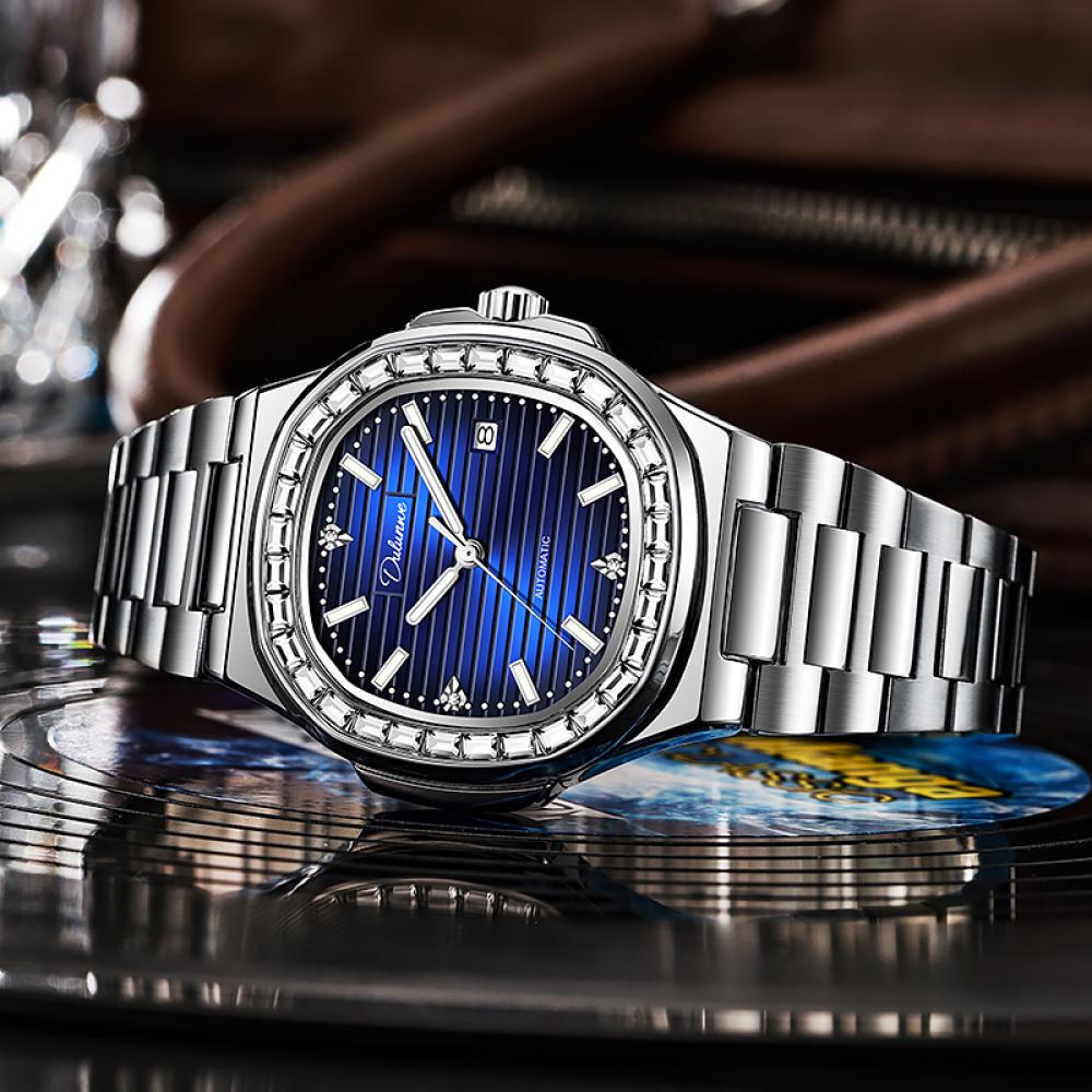 Dulunwe Zegarek na rękę ze stali nierdzewnej wodoodporny podświetlany wyświetlacz kalendarza zegarki biznesowe luksusowy zegarek męski automatyczny zegarek mechaniczny ze strasami
