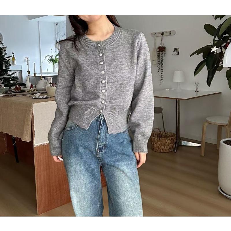 New single-breasted simple solid color round neck long-sleeved knitted cardigan women's versatile temperament sweater cardigan women's