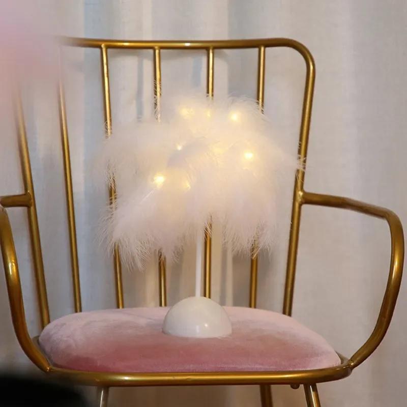 Novelty Feather Night Light Fairy Copper Table Lamp Battery Power Home Living Room Kids Bedroom Party Wedding Decorative