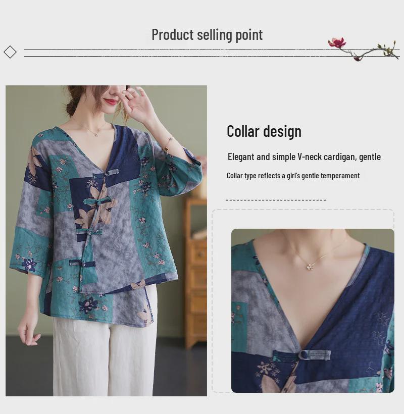2022 Summer V-Neck Asymmetrical Cotton Linen Shirt - Printed, Plus Size, Mid-Length Sleeves, Retro Women's Fashion