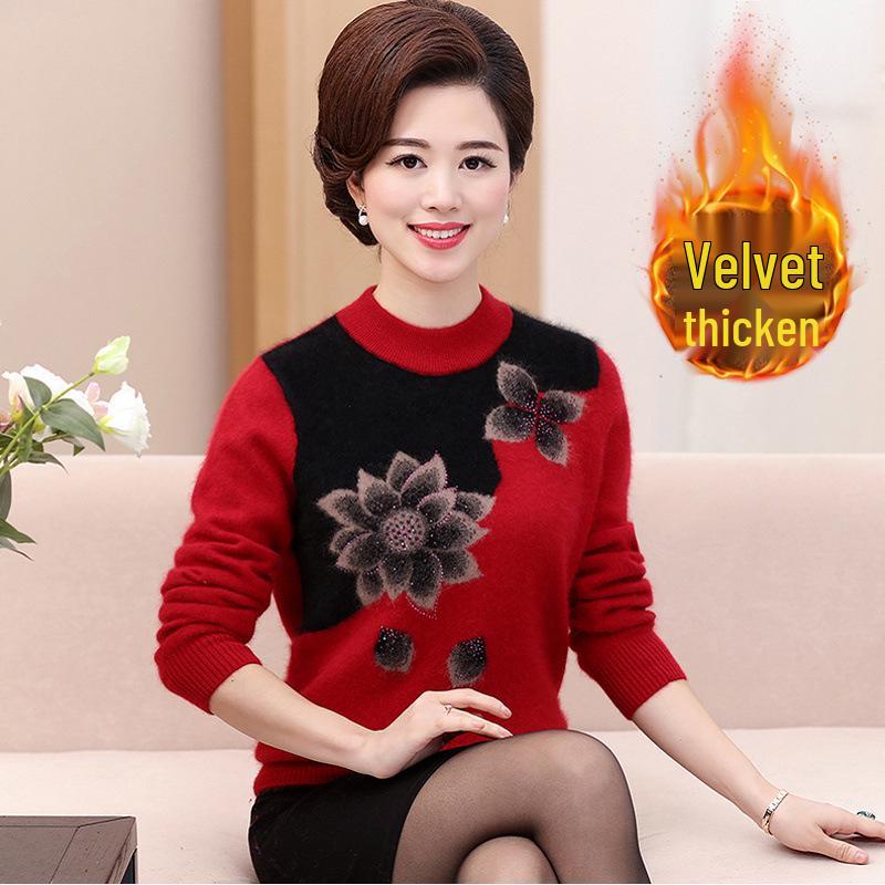 Plus Size Knitted Sweater for Women: Thickened Velvet Autumn and Winter Coat for Middle-Aged & Elderly