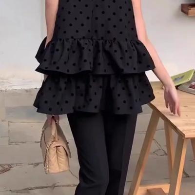 Women's Black Heart Dot Sleeveless Double Ruffle Blouse Loose Top Casual Daily Outfit