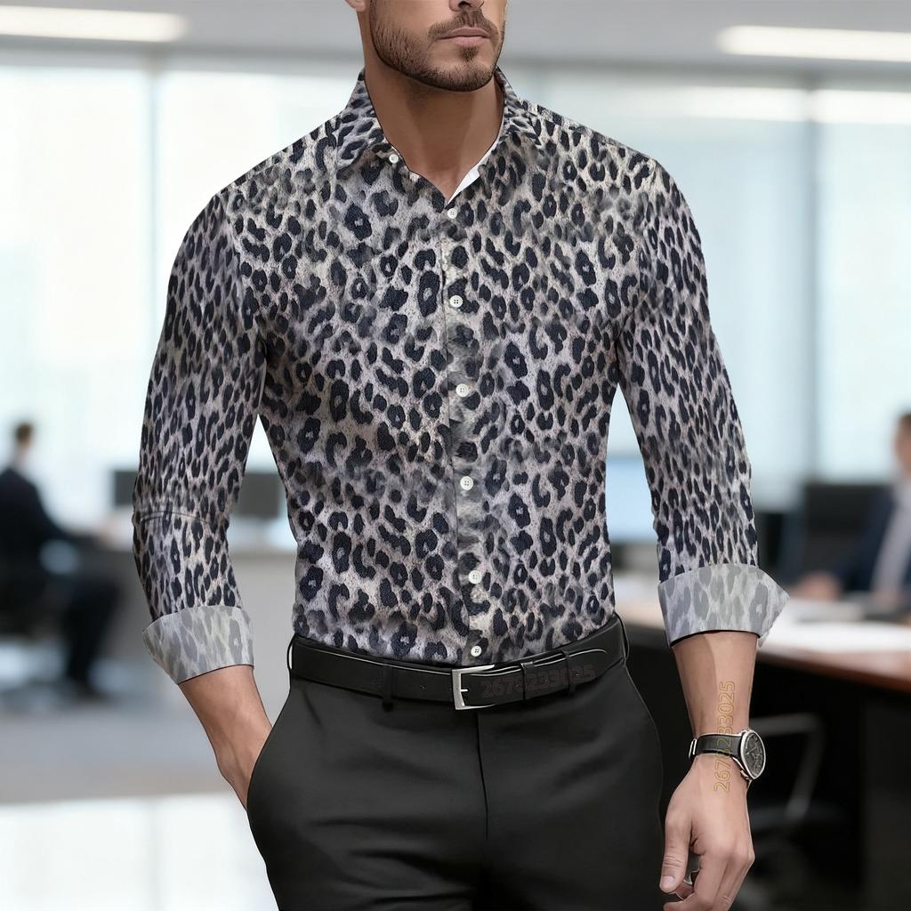 2026 Nuova Camicia da Uomo Personalità Retrò Stampa Leopardata Manica Lunga Business Slim Fit Tendenza Moda Top Casual da Uomo