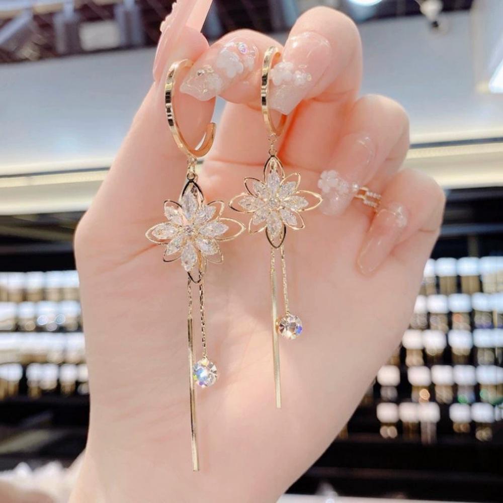 Hot Geometry Hollow Zircon Flower Chain Tassel Earrings Women's Trendy Fashion Versatile temperament Long Jewelry Gift