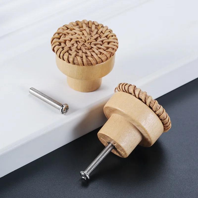 2 Stuks Rotan Houten Ladeknop Woondecoratie Handgemaakt Kastmeubilair Handgrepen Keukenkast Deurknoppen+Schroef 30/35/40/45mm
