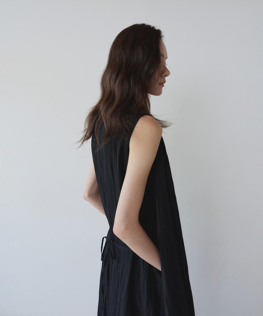 Ieoning Shirring Long Sleeveless Dress, Black