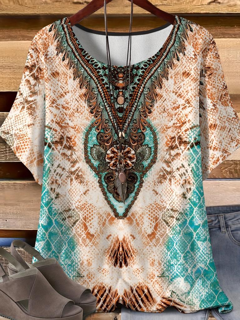 Vintage Paisley Graphics Women's Short Sleeve T-Shirt Ethnic Style O-Neck Y2k 3D Printed Top Tees Summer Loose Women's Clothing