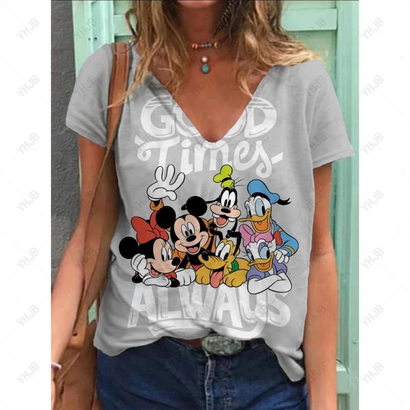 

Летняя новая женская футболка Disney Minnie Mickey Mouse Print V-образный вырез с коротким рукавом блузка модные футболки больших размеров для женщин топ 2XL