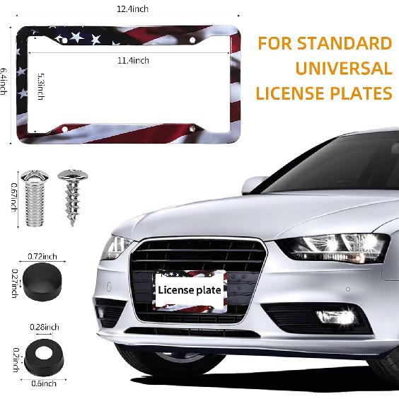 American Flag License Plate Frame Holder - 2 Pack Universal Aluminum Matte Stripe US Flag Gloss Patriotic Car Plate Frame Covers With Free Screws