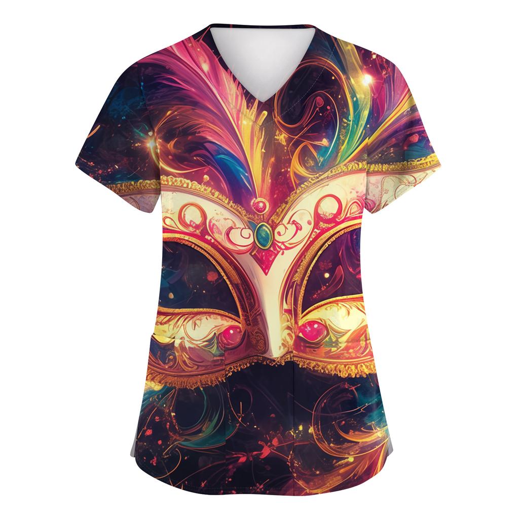 Women's Fashion Short-Sleeve Carnival Print V-Neck Pocket Workwear Top