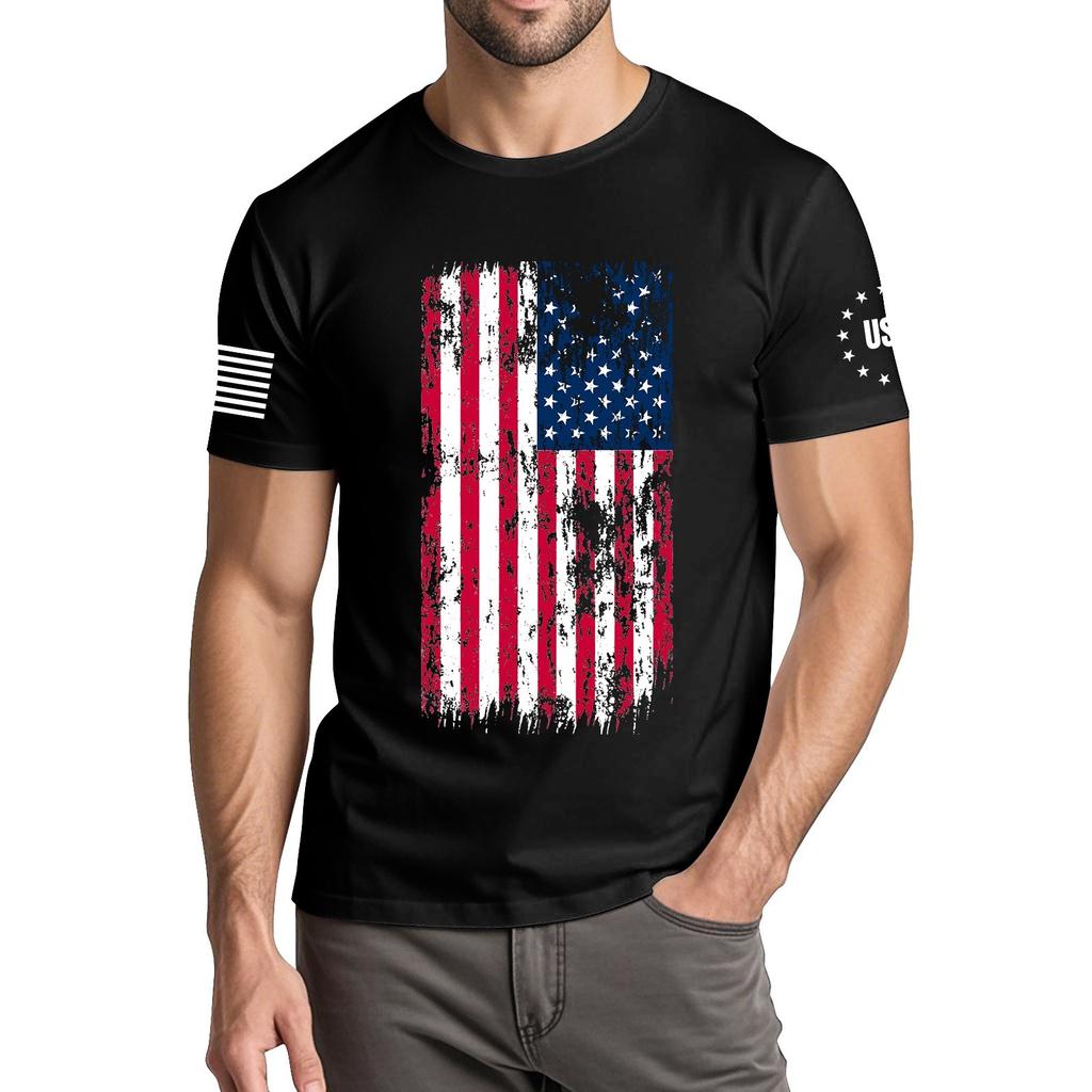 Menns moteriktige avslappede Independence Day trykte t-skjorte med rund hals og korte ermer