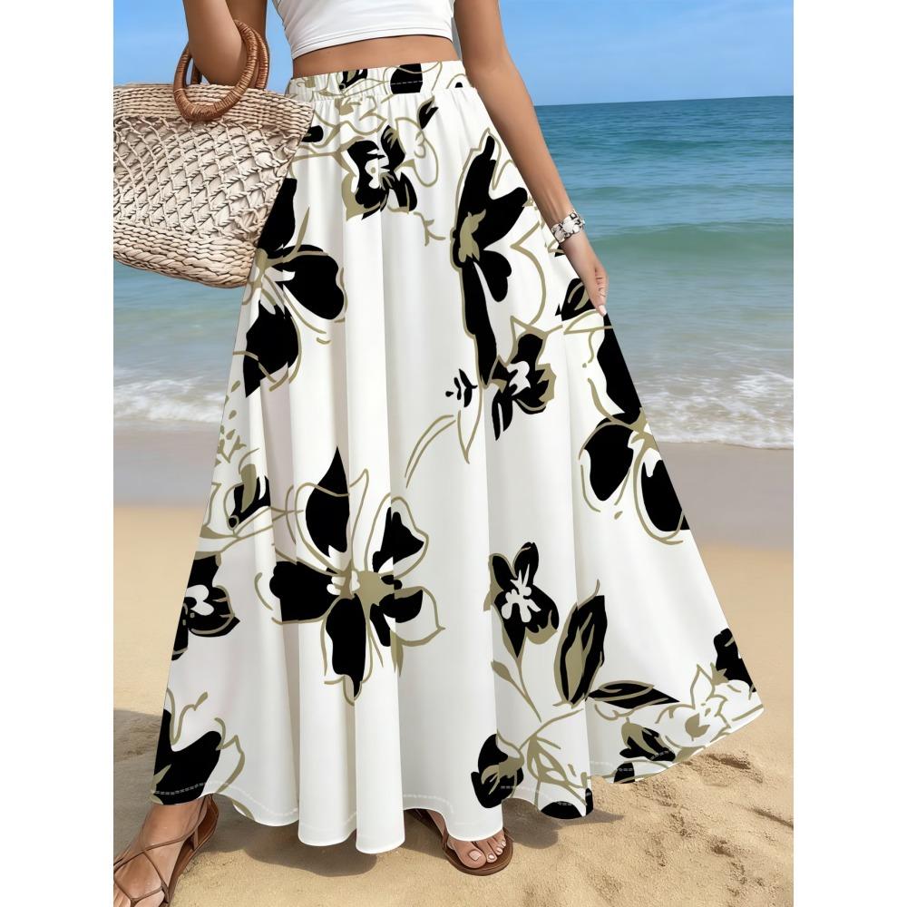 Women'S Floral Maxi Skirt Beach Vacation Style Elegant White Navy Blue Print Flowy Long Skirt