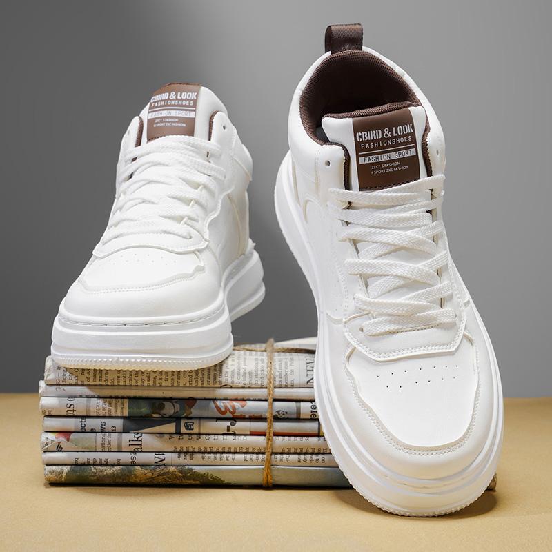 

Men s Shoes 2025 Versatile Thick Soled Mid Top Casual Board British Leather Height Increasing Sports Trendy 42 белый