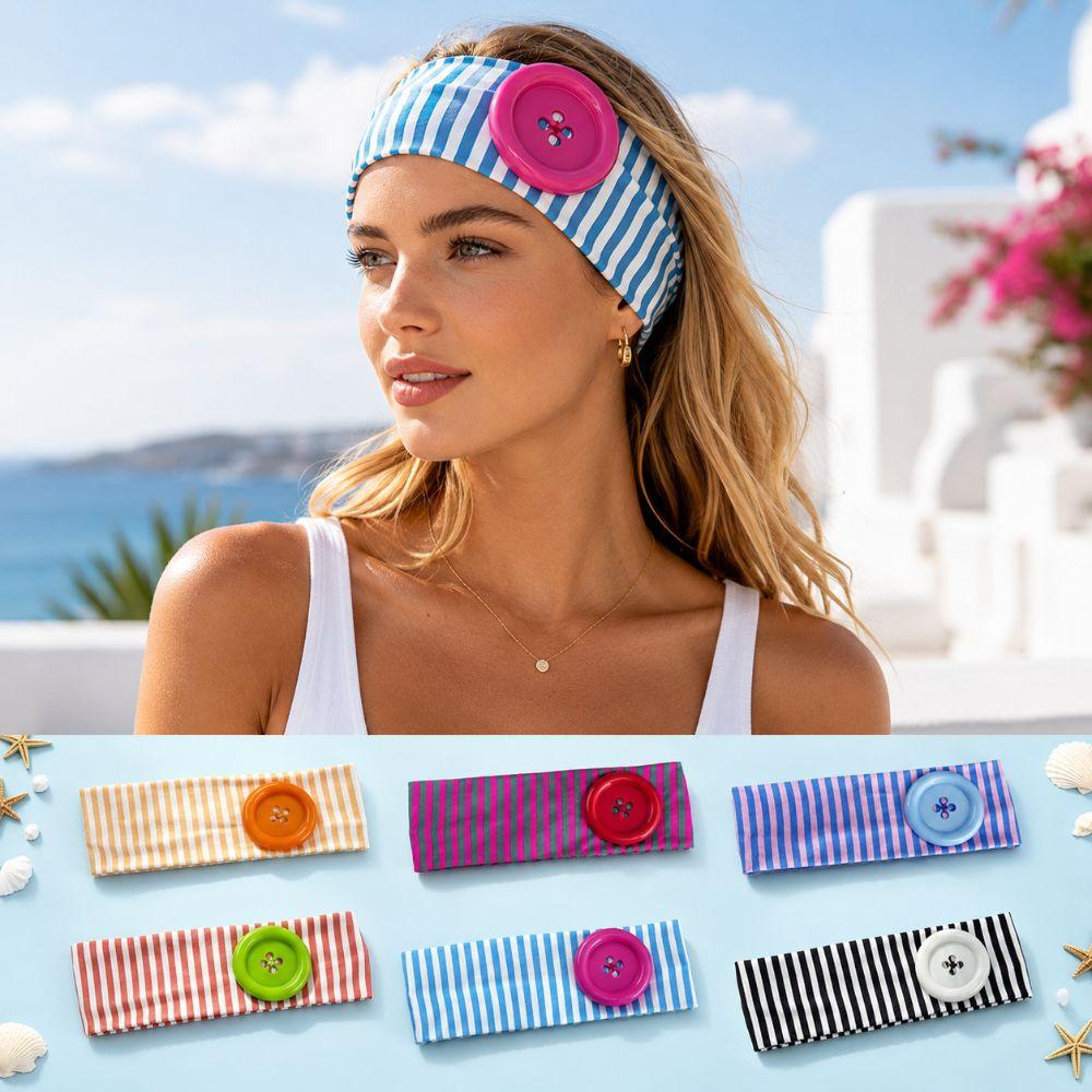 Striped Print Large Button Headband Dopamine Summer Hairband Niche Headscarf Lady Girls Headwear