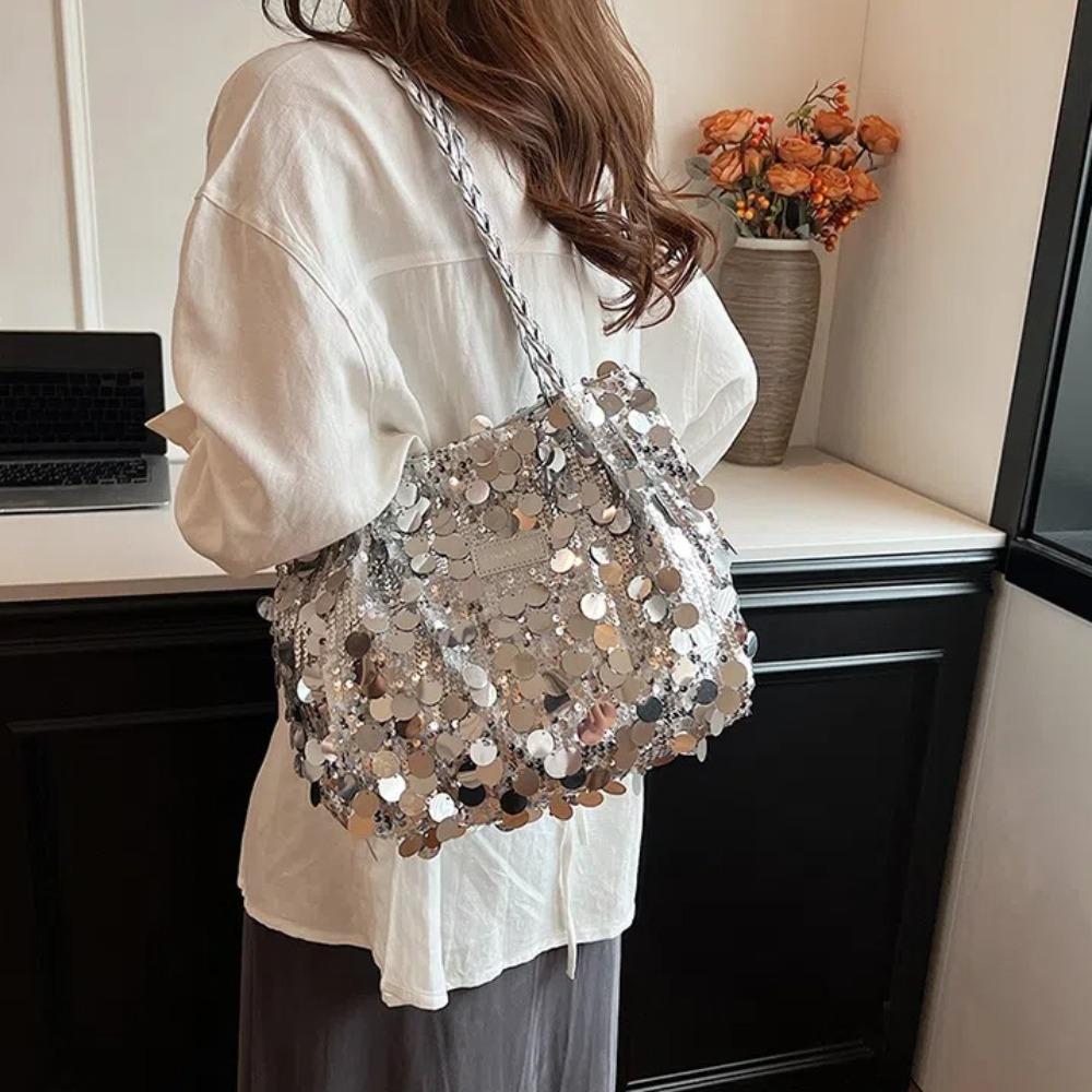 New Sparkling Sequin Shoulder Bags Large Capacity Zipper Closure Fashion Handbag Solid Color Tote Bag Women