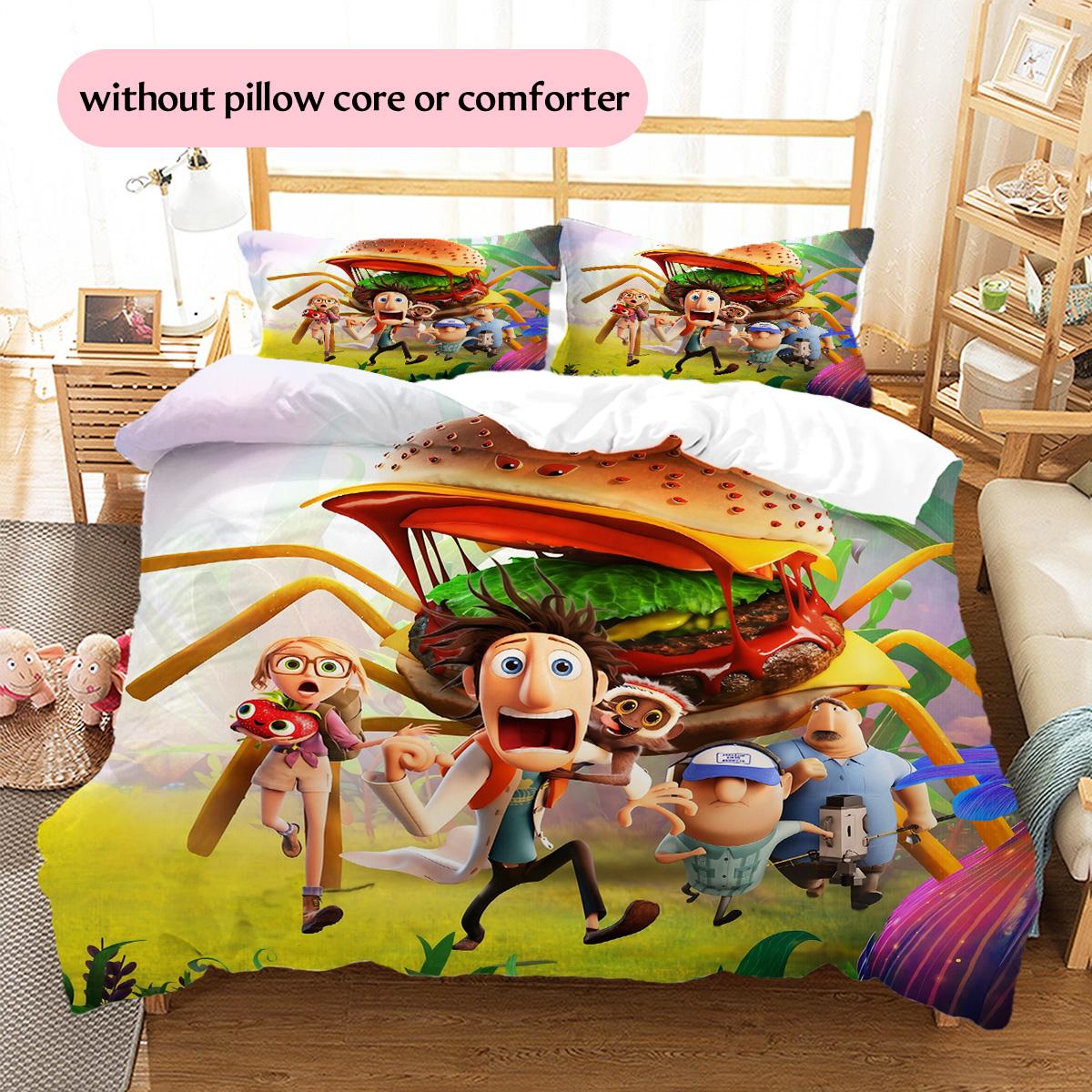 Cloudy with a Chance of Meatballs Pattern Bedding Quilt Set Home Decoration Gift (1 * duvet cover + 2 * pillowcase without core) 135x200cm