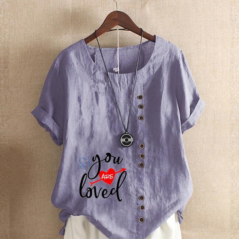 Women's Fashion Love Letter Prined Short Sleeve T-shirt Loose Cotton Shirt Casual Loose Summer Blouse Plus Size Tops
