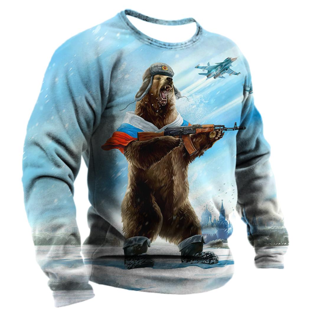 

Мужские футболки с длинными рукавами и 3D принтом «Россия Медведь», весна-осень, круглый вырез, российский флаг, короткая свободная мужская одежда, уличные топы XXL