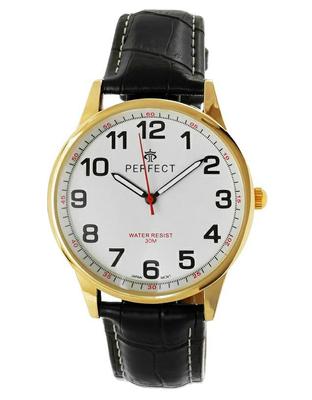 Perfect Men' Belt C410N-09 Gold Case, White Dial, Black Strap, White Stitching