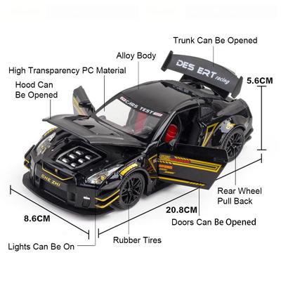 Scale 1:24 GTR R34 R35 Alloy Diecast Toy Car Model Pull Back Music Light Doors Opend Miniature Vehicle Models Birthday Gifts
