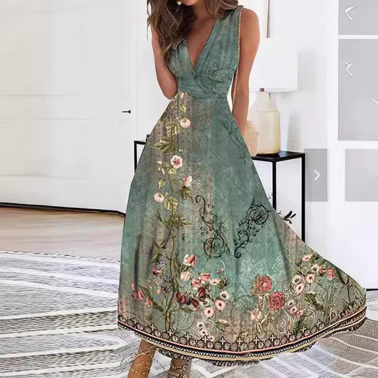 2023 Women's Summer V-Neck High Waist Sleeveless Printed Dress