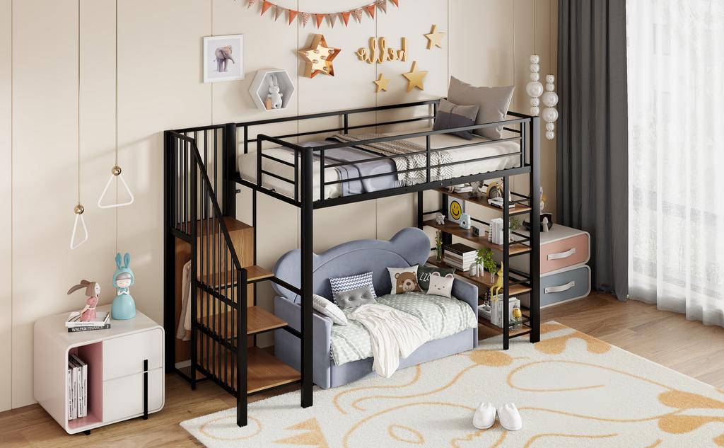 Loft Bed 90*200, with Safety Staircase, Storage Space and Small Wardrobe, Shelves, High Fence Design, Youth Bed, Black (Old SKU for LDB00162AAB)