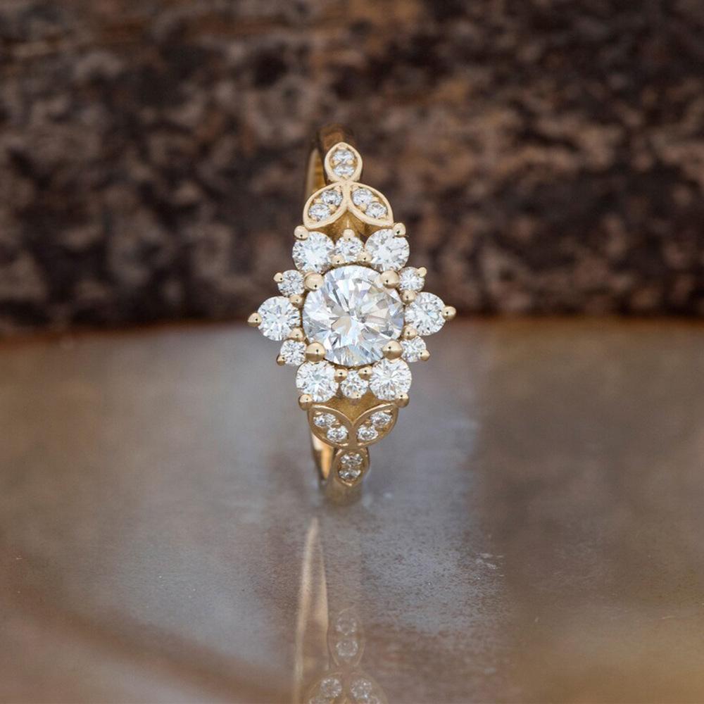 Wish full diamond zircon flower leaf ring simple niche light luxury ring