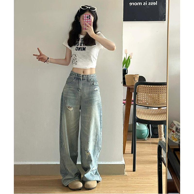 

150cm Small Ripped Wide-Legged Denim Female Summer New Arrival High Waist Loose and Slimming Straight Mopping Pants Light pants 155-165 XL
