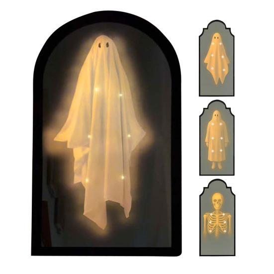 Halloween Ghost Mirror Spooky Hologram Ghost Skeleton Mirror with LED Light for Halloween Home Bedroom Decor
