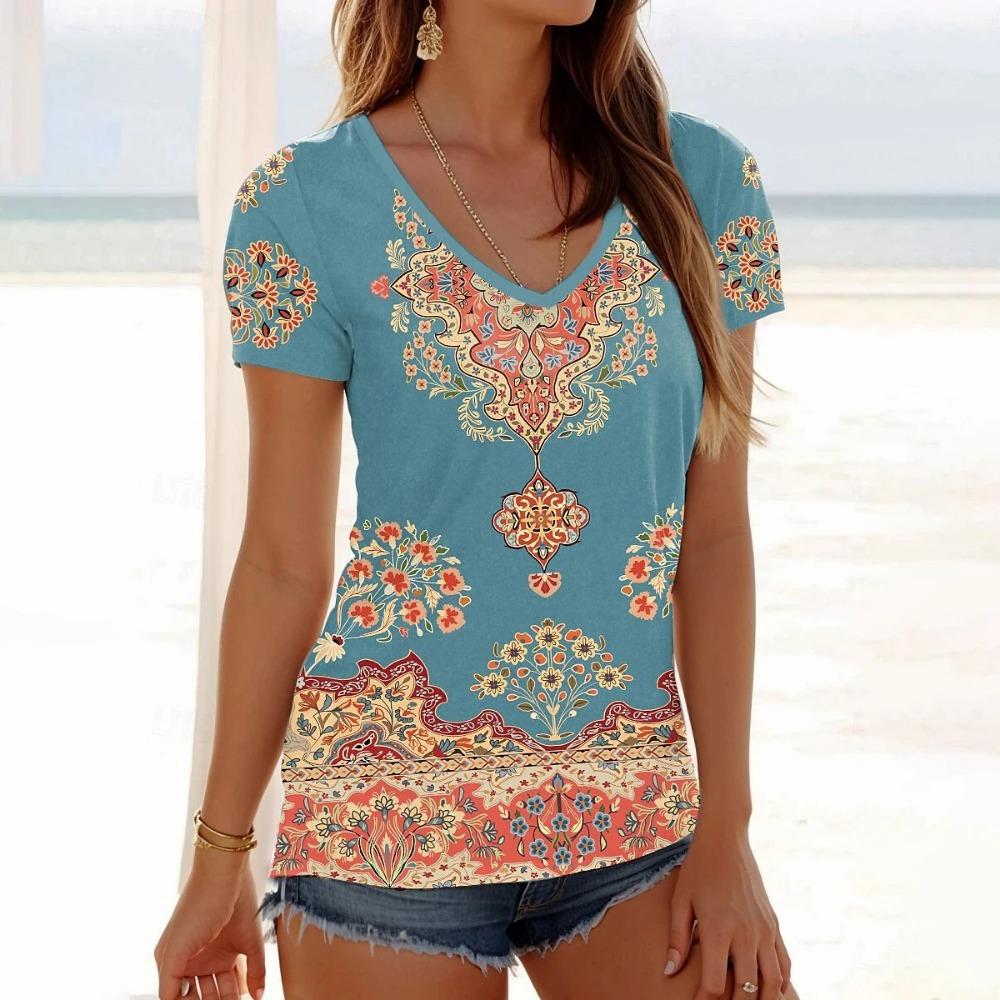 Floral Ladies V-Neck T-Shirt Summer Outdoor Fashion Short Sleeve Top 3D Printing OverSize Ladies Clothing Casual T-Shirt