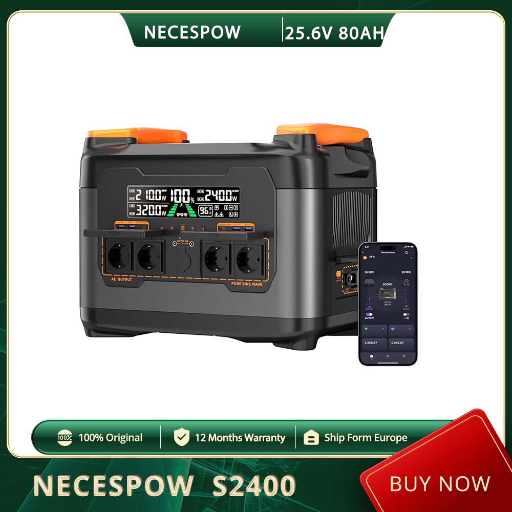 NECESPOW S2400 Tragbare Powerstation, 2400W Ausgang, 2048Wh LiFePO₄, 20ms USV-Backup, 13 Anschlüsse, 1,5h Schnellladung, App-Steuerung