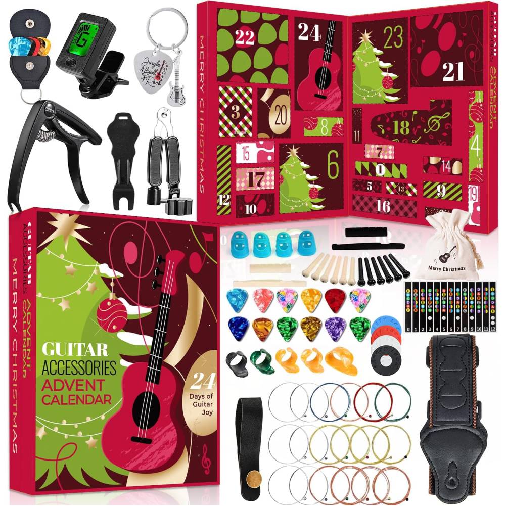 2025 Ny Gitarr Adventskalender 24 Delar Jul Nedräkningskalender med Gitarrplektrum Kapodaster, Stämapparat, Strängar & Tillbehör Julklappar