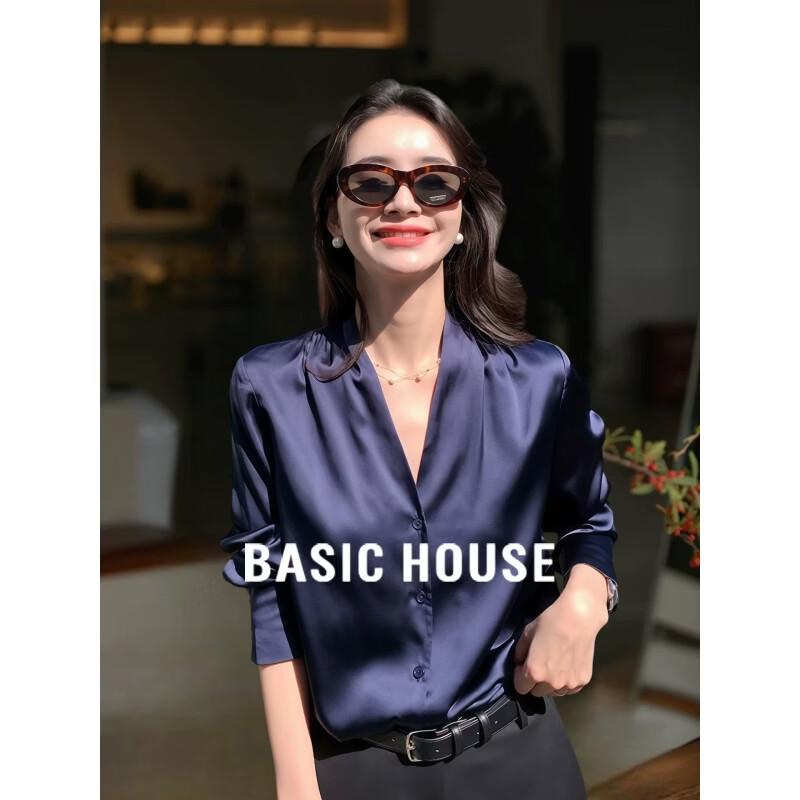 Basic House Women s French Satin V-Neck Blouse L