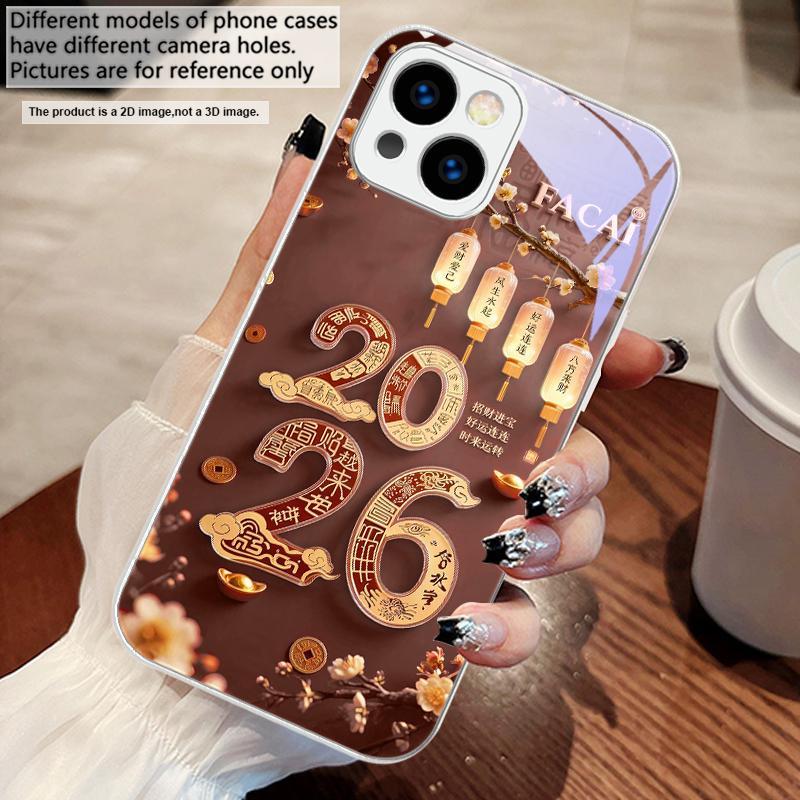 Happy New Year, 2026 For iPhone 17 Air 16 E 15 14 13 Plus 12 mini 11 17 Pro Max XR Xs Max 16E 7 8 Tempered Glass Phone Case