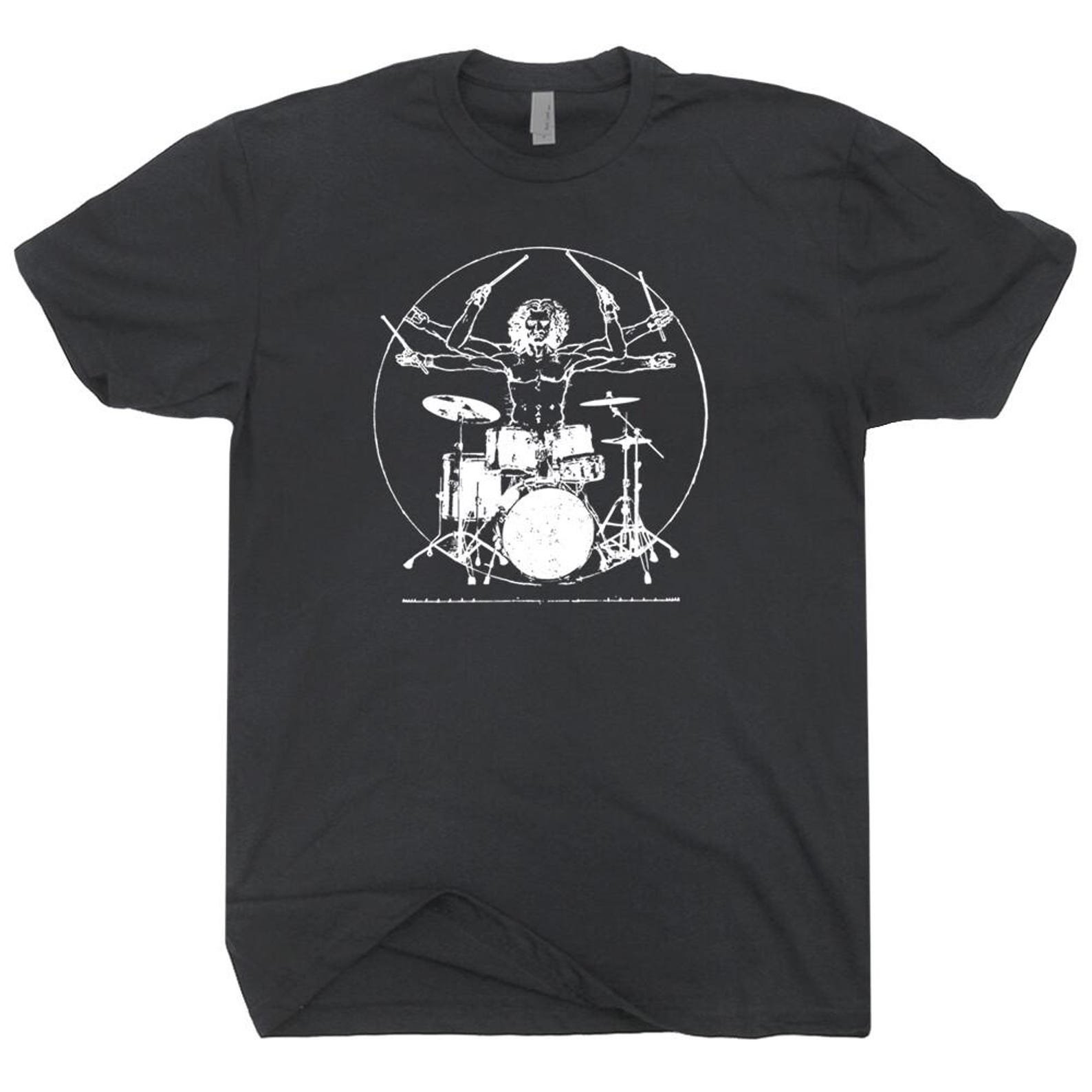 Drums T-Shirt Vintage Set Cool Drummer Graphic Vitruvian Man Drumming Men Women M
