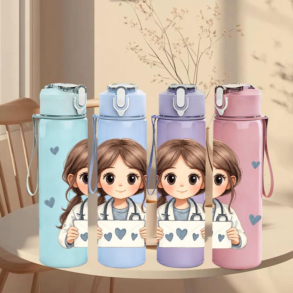 1PC Cute Girl With Heart Cartoon 750ml Color Plastic Sports Water Bottle Leakproof Flip Straw Lid Suitable for Sports Office Home Use