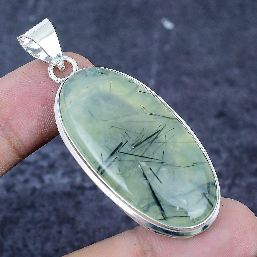 Natural Moss Prehnite Gemstone 925 Sterling Silver Jewelry Pendant 2.36" Q3i84