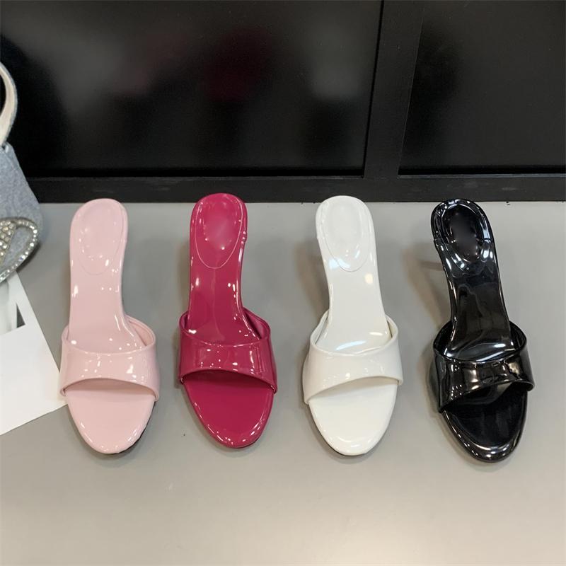 Eilyken Summer Patent Leather Open Toe Women Slippers Shallow Thin High Heels Wedding Prom Slide Shoes