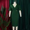 Women Fashion V Neck Puff Sleeve Solid High Waist Slit Bodycon Midi Dress