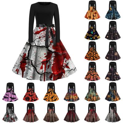Halloweenske šaty so zvonovým rukávom pre ženy, šaty s dlhým rukávom, duté, párty, ležérne, s okrúhlym výstrihom