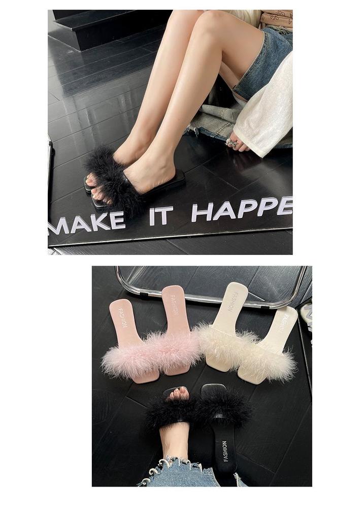 Women's 2026 Summer Fairy Style Furry Slippers - Girly Korean One-Strap Slides, Versatile with Skirts