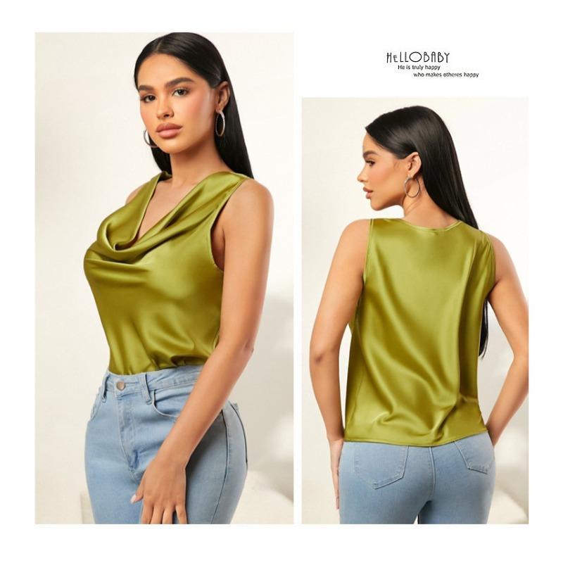 Satin Pile Collar Solid Color Sleeveless Vest Women’s Blouses & Shirts