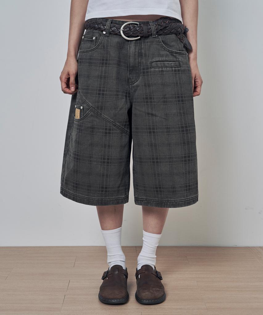 Lujeoseukeulleob Pantalon Bermuda en Coton Lavé à Carreaux Kaki