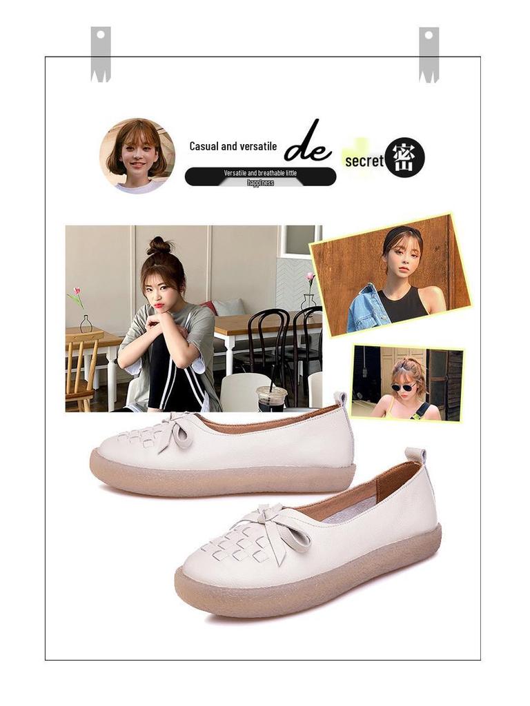 Women's White Cowhide Leather Casual Shoes - Spring/Summer 2025, Soft Jelly Sole, Flat Design