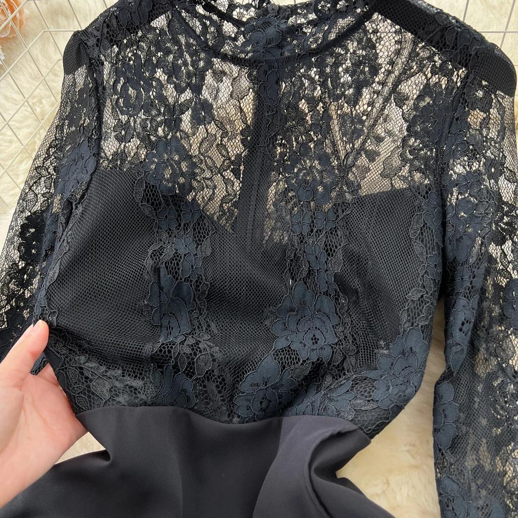 Vysoce kvalitní krajkové šaty Královská sestra Mladá Sexy Perspektivní Dlouhý rukáv Patchwork Slim fit Středně dlouhé Šifonové