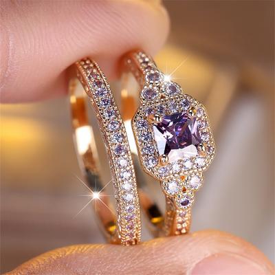 2 Adet/takım Altın Rengi Mor Taş Yüzük Seti Düğün Bandı Sevgililer Günü Takı