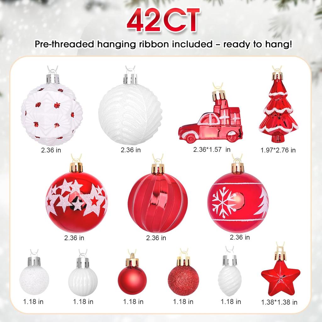 42 Pcs Various Styles of Christmas Ball Ornaments, Shatterproof Christmas Balls for Holiday Xmas Tree Decor, Hanging Ornament for Indoor Decoration