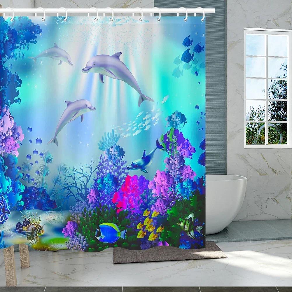 Ocean Underwater World Shower Curtains Set Dolphin Animal Cheerful Marine Life Scenery Polyester Fabric for Kids Bathroom Decor