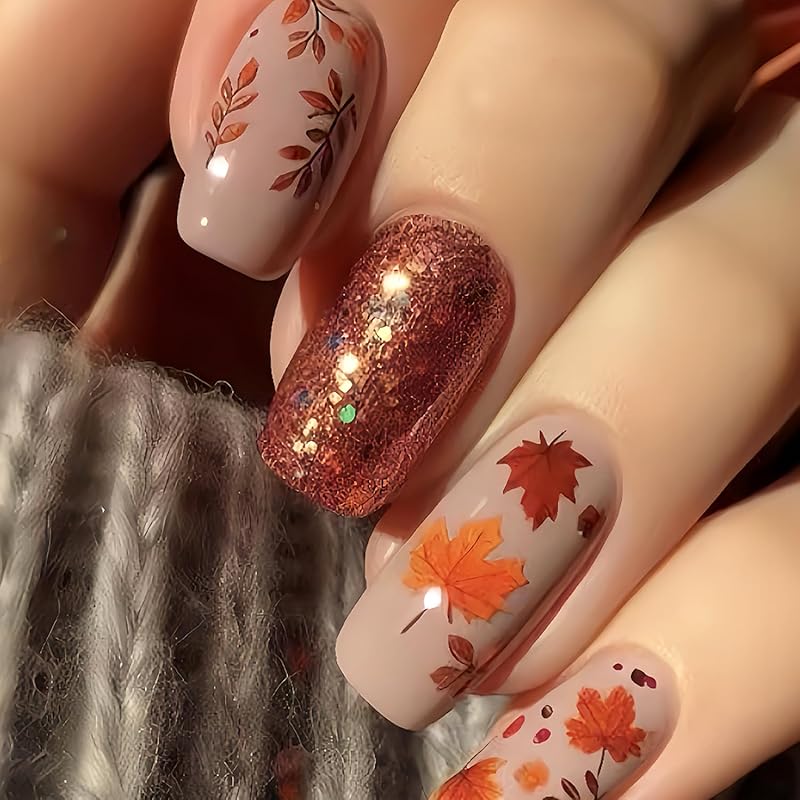 Fall Leaf Press on Nails Thanksgiving Pumpkin False Nails with Design Medium Square Artificial Stick on Nail Glossy Autumn Maple Leaves Acrylic Glue