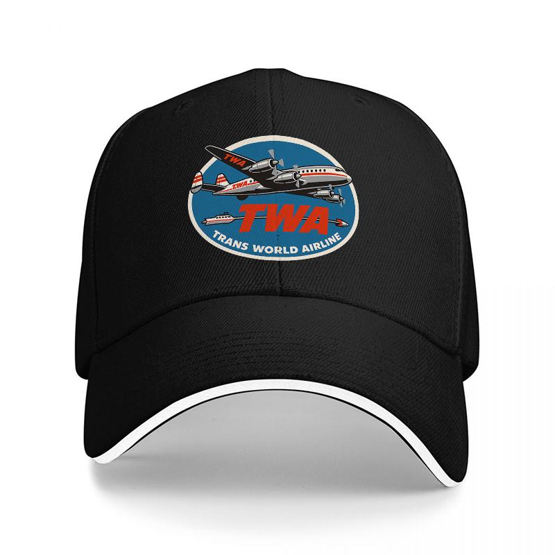 TWA Trans World Airline Vintage Plane Logo Baseball Cap Classic Aviation Design Black Hat with White Trim Retro Airline Style